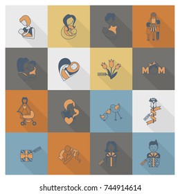 Happy Mothers Day Simple Flat Icons. Vector, Clean Work, Minimum Points