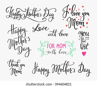 Happy Mothers day simple lettering. Calligraphy postcard or poster graphic design lettering element. Hand written calligraphy Mothers Day postcard design. Photography overlay. I love Mom Thank you Mom