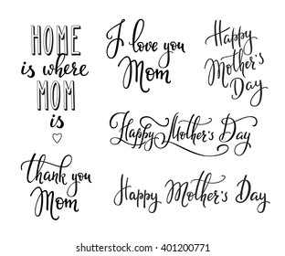 Happy Mothers day simple lettering. Calligraphy postcard or poster graphic design lettering element. Hand written calligraphy Mothers Day postcard design. Photography overlay. I love Mom Thank you Mom