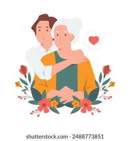 Happy Mother's Day smiling grey haired senior old mother with loving adult daughter embrace holding hand and hugging with love concept illustration