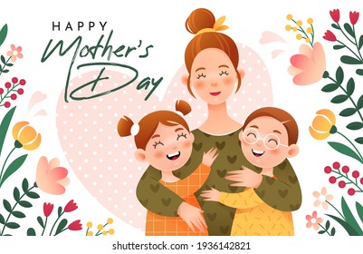 Happy Mother's Day. Smiling mom hugs her children. Mom, daughter and son. Postcard for the holiday Mother's Day. 