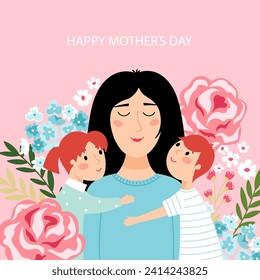 Happy Mother's Day. Smiling mom and her daughter and son on a pink background with beautiful flowers and text. Vector illustration.