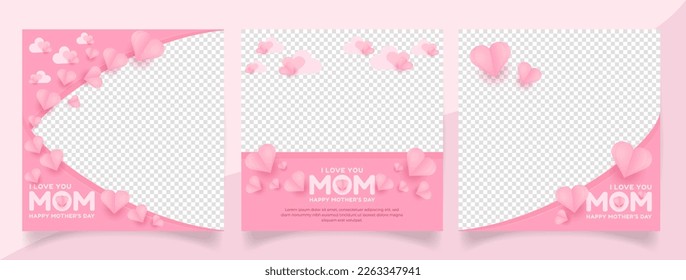 Juego de diseño de plantillas de publicación en medios sociales del Día de la Madre Feliz. afiche del día de las madres felices con color rosa y decoración de formas de amor. Se puede usar en medios sociales, volantes y sitios web