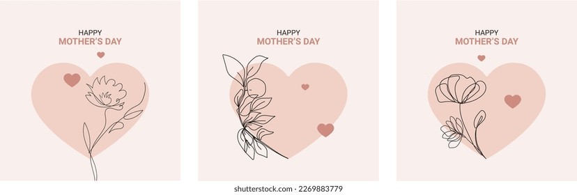 Happy Mother's Day Social Media Post Series (Feliz Día de la Madre), línea de diseño de tarjetas del día de la madre flores corazón