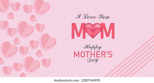 Happy Mother's Day social media post template. Mother's Day social media banner. Mom Day greeting card. Happy Mother Love sign with heart and flowers. flying pink paper hearts. mom love background
