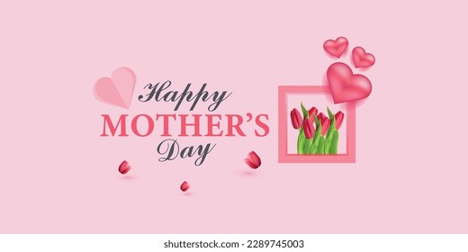 Happy Mother's Day social media post template. Mother's Day social media banner. Mom Day greeting card. Happy Mother Love sign with heart and flowers. flying pink paper hearts. mom love background