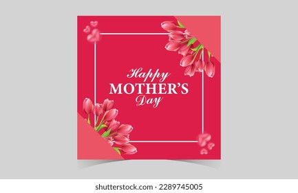 Happy Mother's Day social media post template. Mother's Day social media banner. Mom Day greeting card. Happy Mother Love sign with heart and flowers. flying pink paper hearts. mom love background