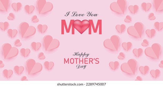 Happy Mother's Day social media post template. Mother's Day social media banner. Mom Day greeting card. Happy Mother Love sign with heart and flowers. flying pink paper hearts. mom love background