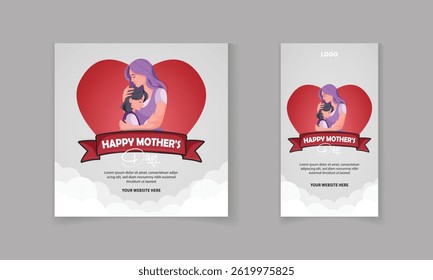 Happy Mother's Day social media post, story template banner design with cloud, mother and daughter