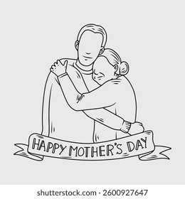 Happy Mother's Day Son Embracing His Mother. Thin line illustration.