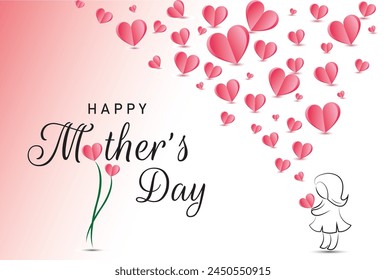 Happy Mother's day Special greeting card. Vector banner with little girl and flying pink paper hearts