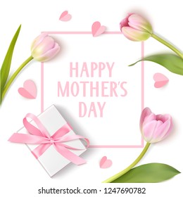 Happy Mothers Day. Spring holiday design template with pink tulip, white gift box and paper hearts isolated on white background. Vector illustration