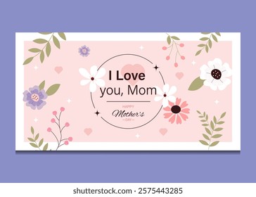  Happy Mother's Day. Spring illustration in vector. Greeting card for mom.Banner decorated with vector flowers in folk style. Vector illustration. Spring poste