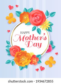 Happy Mothers Day. Spring Papercut Flowers And Butterflies. Greeting Card For Motherhood Celebration With Paper Floral Bouquet Vector Banner