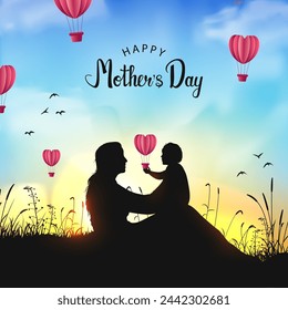 happy mothers day square banner, flyer, poster, design with bright nature sunset background, mother's day text calligraphy