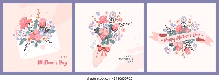 Happy Mother's Day.Set of square greeting cards.Envelope with flowers, bouquet, ribbon with text.Flat vector illustration