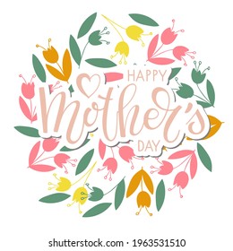 Happy Mothers Day sricker with flowers. Handwritten calligraphy text vector illustration. Mother's day card. Modern brush calligraphy. Sublimation print for mug, t-shirt, brochure, poster, label