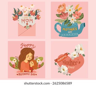 Happy Mother's Day Sticker Greeting Card love heart flower leave vase ribbon mail mom