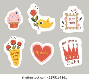 Paquete de stickers del día de la madre feliz. Ilustraciones vectoriales.