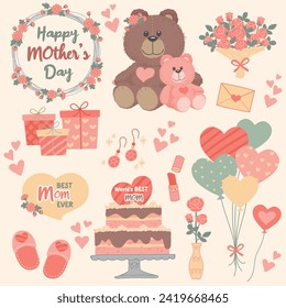 Happy Mother's Day stickers wreath mother and son teddy bear bouquet gift box letter slippers cake vase balloon