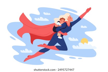 Feliz Día de la Madre, fuerte personaje de supermamá volando en el cielo con su hijo. Valiente mujer joven en heroico disfraz superhumano y capa roja sosteniendo lindo bebé en la mano con el amor de dibujos animados.