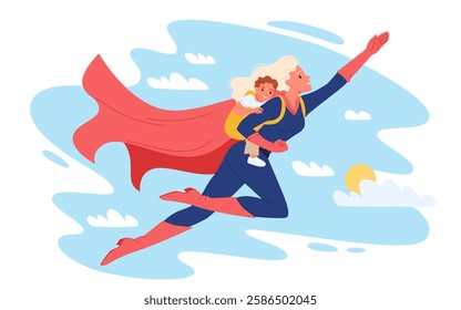 Happy Mothers Day, strong supermom character flying in sky with son. Brave young woman in heroic superhuman costume and red cape holding cute baby boy in hand with love cartoon vector illustration