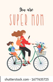 Happy Mothers Day. Super Mom on a bicycle with children and a dog. Vector illustration for card, poster, banner, and other use.