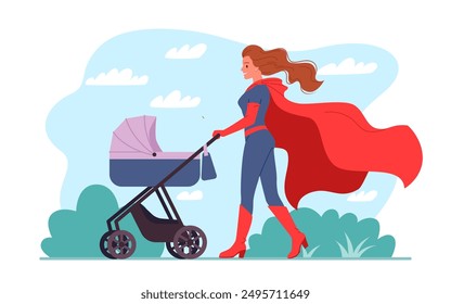 Happy Mothers Day, supermom character walking with stroller. Young woman in superhero costume and red cape carrying pram with infant baby child, babysitting with love cartoon vector illustration