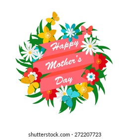 Happy Mother's Day symbol  with beautiful flowers and butterflies in modern flat design style isolated on white background, vector illustration