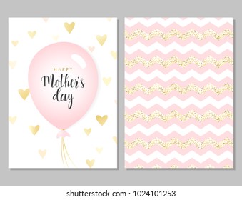 Happy mother's day template cards set. Vector greeting card with pink balloon, gold hearts and pink geometrical stripes. Greeting cute pink card for mother's day.