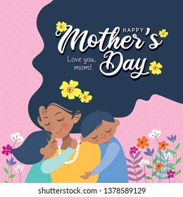 Happy Mother's Day template design or copy space. Hand drawn mother, son & daughter with flowers on pink polka dot background in flat vector illustration. Cartoon mom together with children.