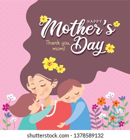 Happy Mother's Day template design or copy space. Hand drawn mother, son & daughter with flowers on pink polka dot background in flat vector illustration. Cartoon mom together with children.