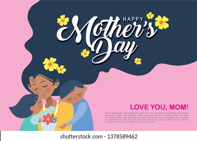 Happy Mother's Day template design or copy space. Hand drawn mother, son & daughter with flowers on pink polka dot background in flat vector illustration. Cartoon mom together with children.