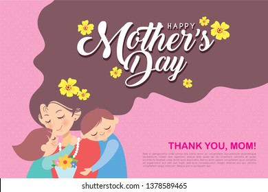 Happy Mother's Day template design or copy space. Hand drawn mother, son & daughter with flowers on pink polka dot background in flat vector illustration. Cartoon mom together with children.