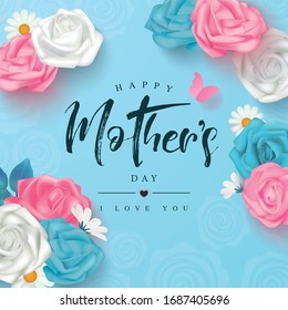 Happy mother's day template design with roses, lettering, daisies and butterflies on a blue background. Vector illustration for banner, flyer, card, invitation