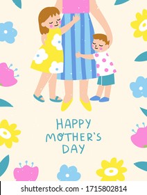 Happy Mother's Day template design for a card, poster or a banner. Cute and colorful vector illustration of kids hugging their mom surrounded by flowers. Flat cartoon style.