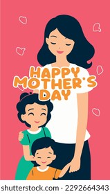 Happy Mother's Day template design or copy space. Hand drawn mother, son  daughter on pink background in flat vector illustration. Cartoon mom together with children. postcard