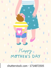 Happy Mother's Day template for a poster, a card or a banner. Cute vector illustration in cartoon style of a boy holding a holiday card for his Mom. 