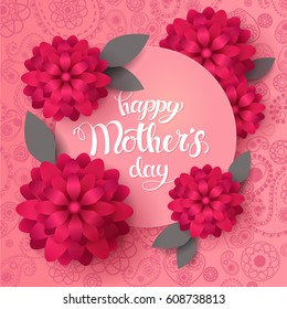 Happy Mother's Day. Tender pink paisley background with hand writting lettering and spring flowers