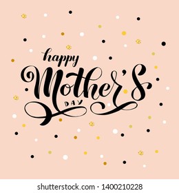 Happy Mother's Day text as celebration badge, tag, icon.  Festivity background with golden glitter. Lettering typography poster. Vector illustration. Banner on pink textured background.