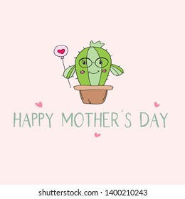 Happy Mother's Day text as celebration badge, tag, icon. Lettering typography poster. Vector illustration with handdrawn cactus and balloon. Banner on pink textured background.