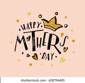 Happy Mother's Day text as celebration badge, tag, icon. Text card invitation, template. Festivity background. Lettering typography poster. Banner on textured background. Vector illustration EPS 10. 