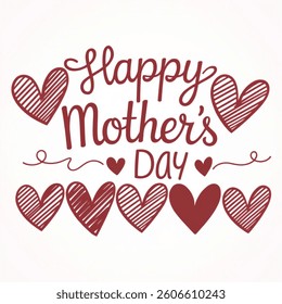 ``Happy Mother`s Day`` text with doodle red hearts. Happy Mother`s day greeting card background. isolated on white background. Vector illustration.