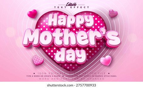 Happy Mother's Day Text Effect Design Editable Vector Graphic Style with Hearth and 3d Typography Lettering on Pink Background. Love Best Mom Theme Scalable Illustration Template for Greeting Card, Flyer, Banner, Celebration Poster or Party Invitation