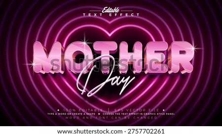 Happy Mother's Day Text Effect Design Editable Vector Graphic Style with Glowing Neon Light Hearth and Shiny 3d Typography Lettering on Purple Background. Love Best Mom Theme Scalable Illustration Template for Greeting Card, Flyer, Banner, Celebration Poster or Party Invitation