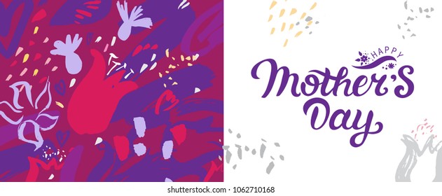 Happy Mother's Day text with flowers decoration. Hand drawn lettering as Mother's day logo, badge, icon. For  invitation, greeting card, postcard.