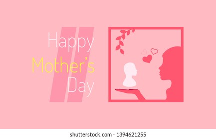 happy mother's day text. mini heart love sign. lady holding white child on her hand in the box line and leaf. silhouette style. vector illustration eps10