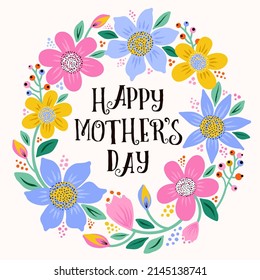 Happy Mother's Day text on a floral background. Happy Mother's Day design for greeting cards and surface design. Vector template with cute flowers. 