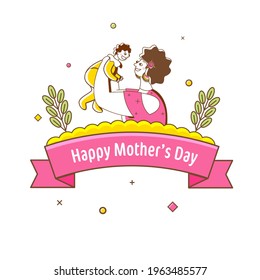 Happy Mother's Day Text Ribbon With Doodle Style Woman Holding Her Baby On White Background.