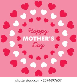 Happy Mother's Day Text Surrounded by Hearts Vector Graphics Flat Design Illustration